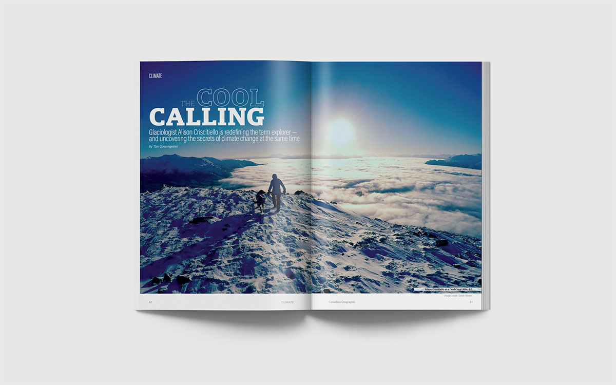 A magazine spread with one photo taken from the top of a mountain. The headline reads 'The Cool Calling'