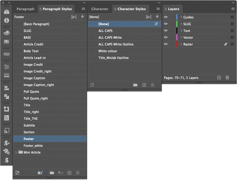 A screenshot of an InDesign CC tools panel, showing well-organized styles and layers